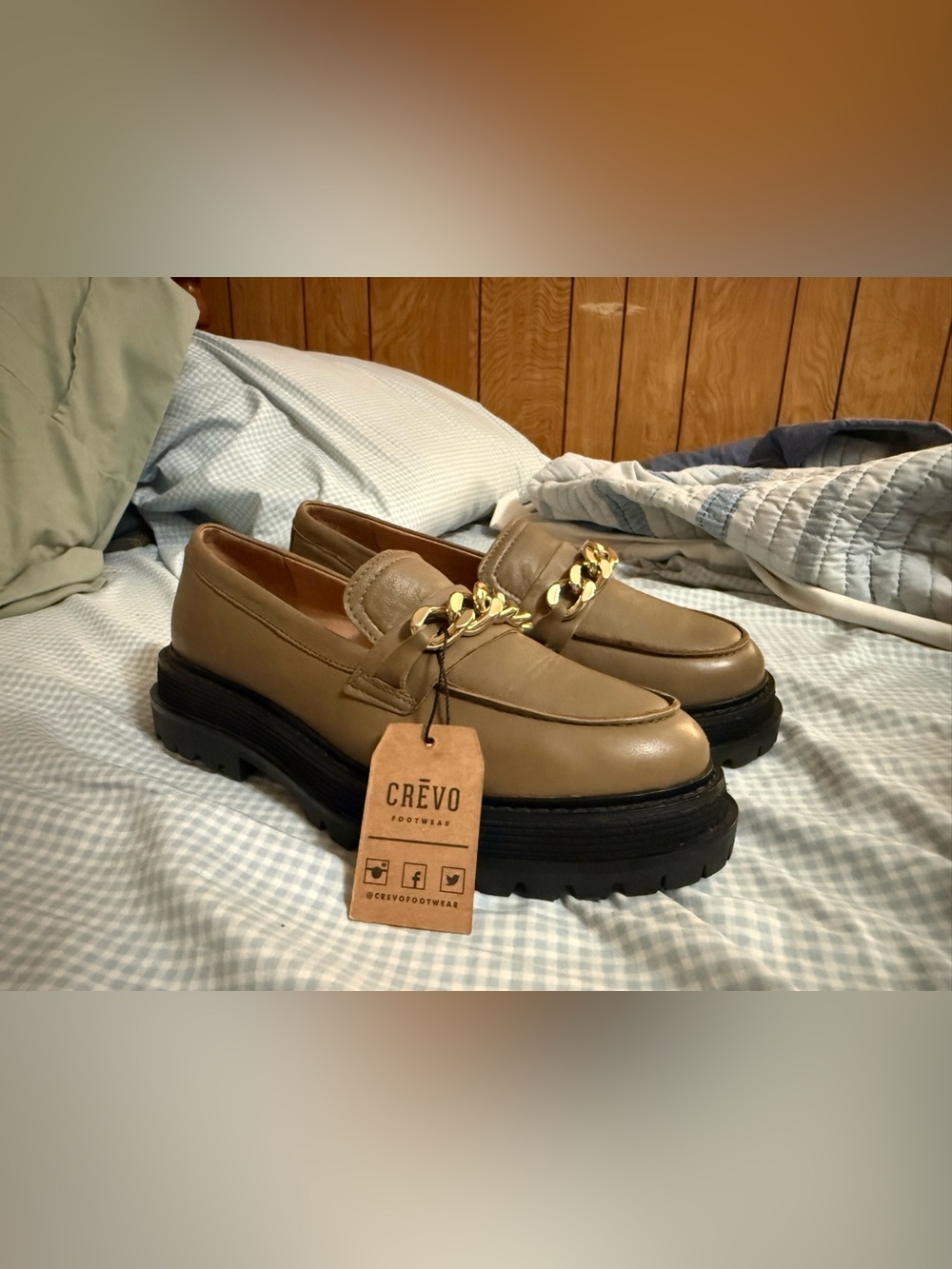 Crevo Taupe Leather Loafers with Gold Chain